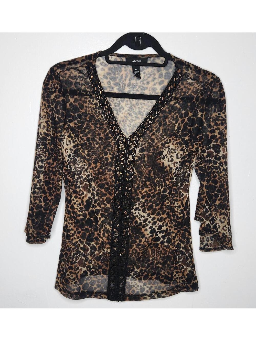 Alfani Shirt Womens XS Leopard Animal Print Sheer V Neck Beaded Boho Party Top